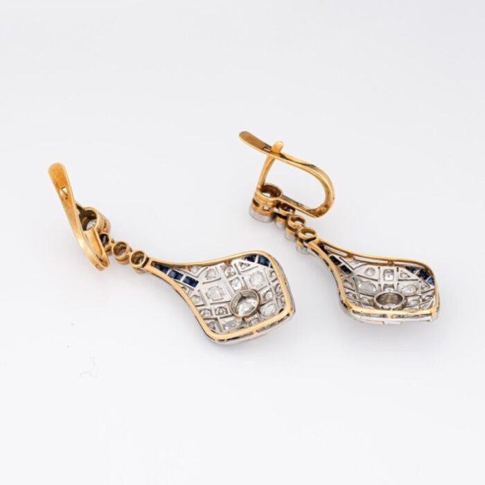 vintage art deco diamond sapphire earrings drops 18k gold platinum fine jewelry 9193