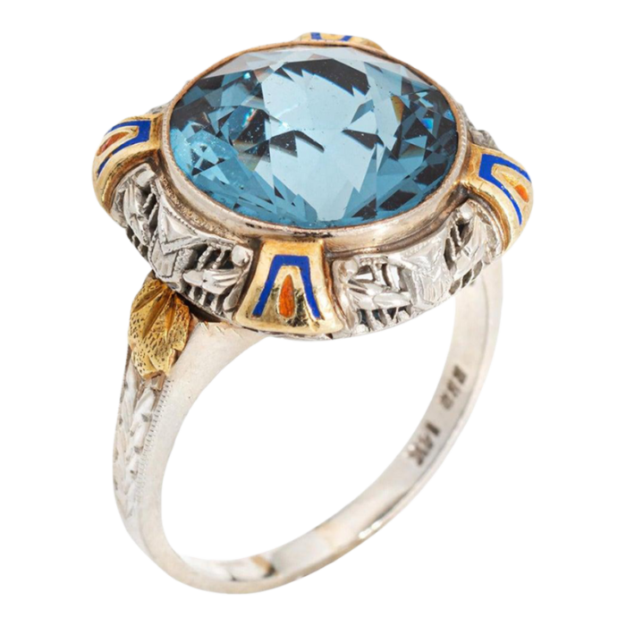 vintage art deco enamel cocktail ring 14k gold filigree jewelry blue stone 1896