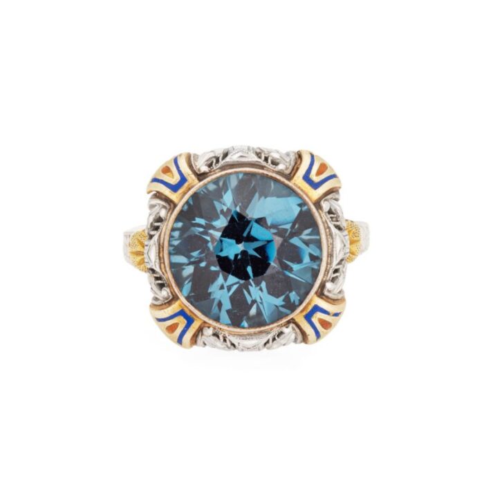 vintage art deco enamel cocktail ring 14k gold filigree jewelry blue stone 1902