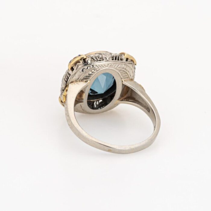 vintage art deco enamel cocktail ring 14k gold filigree jewelry blue stone 2585