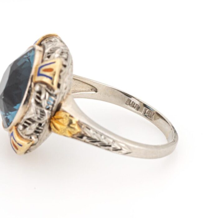 vintage art deco enamel cocktail ring 14k gold filigree jewelry blue stone 3099