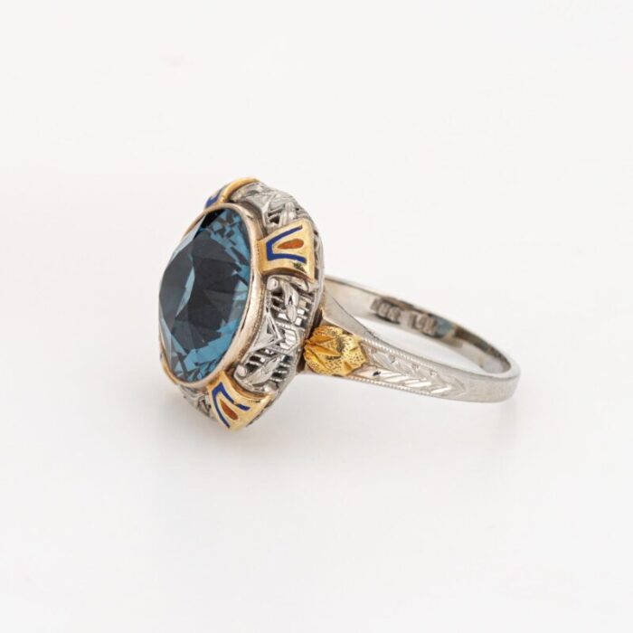 vintage art deco enamel cocktail ring 14k gold filigree jewelry blue stone 7152