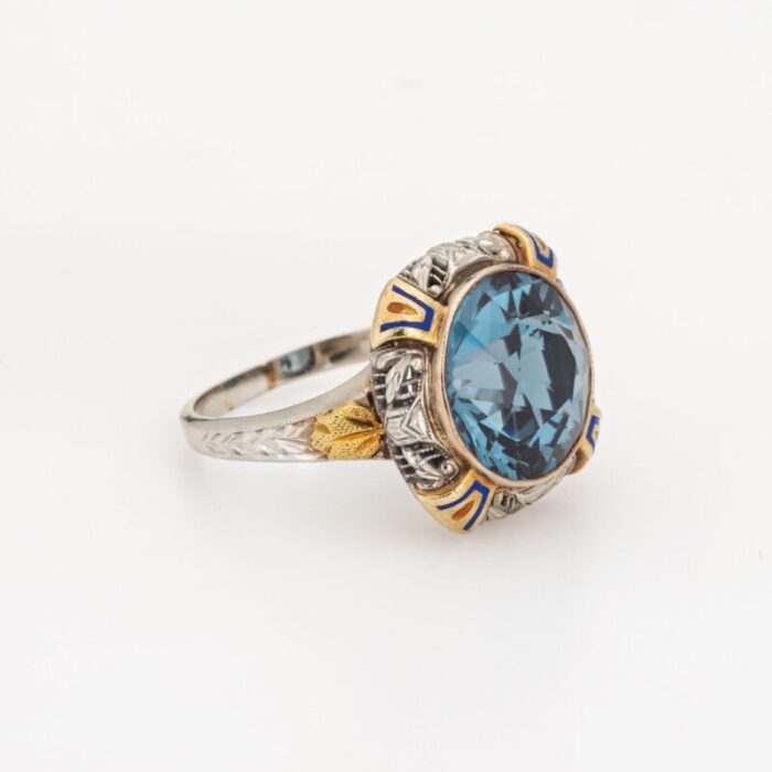 vintage art deco enamel cocktail ring 14k gold filigree jewelry blue stone 9419