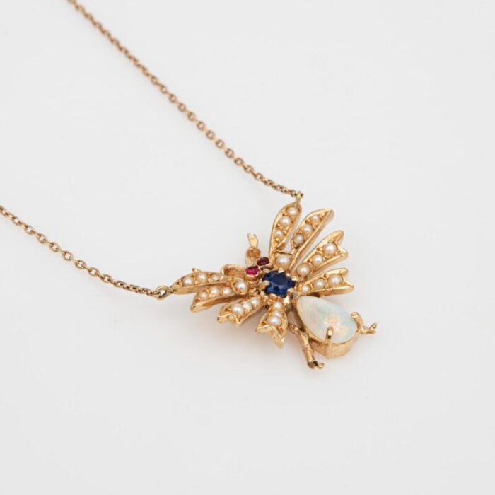 vintage art deco insect necklace opal sapphire seed pearl ruby 14k gold 185 1223