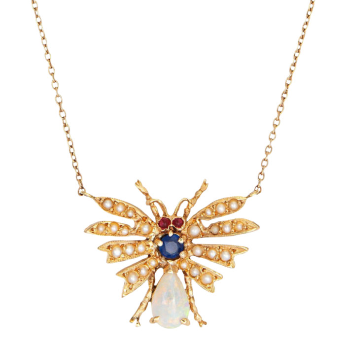 vintage art deco insect necklace opal sapphire seed pearl ruby 14k gold 185 2133