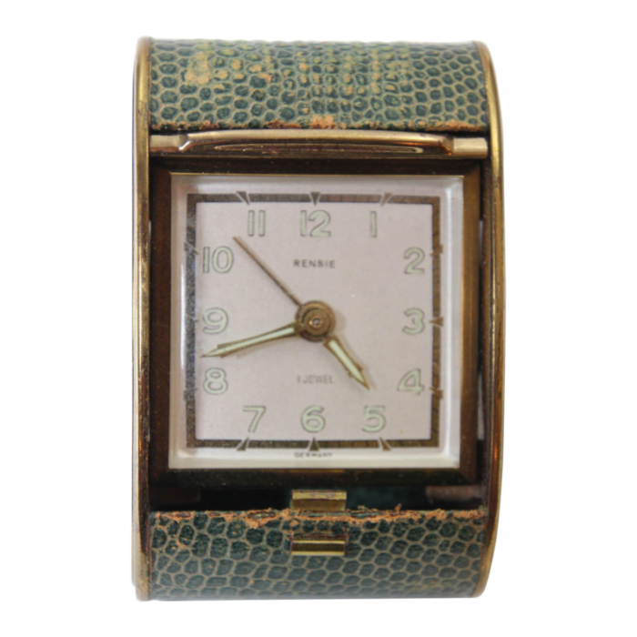 vintage art deco rensie travel alarm clock in brass and green shagreen 1930s 1004