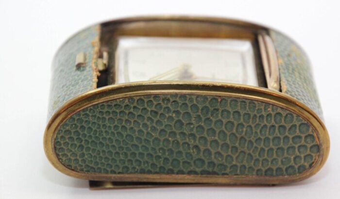 vintage art deco rensie travel alarm clock in brass and green shagreen 1930s 1175