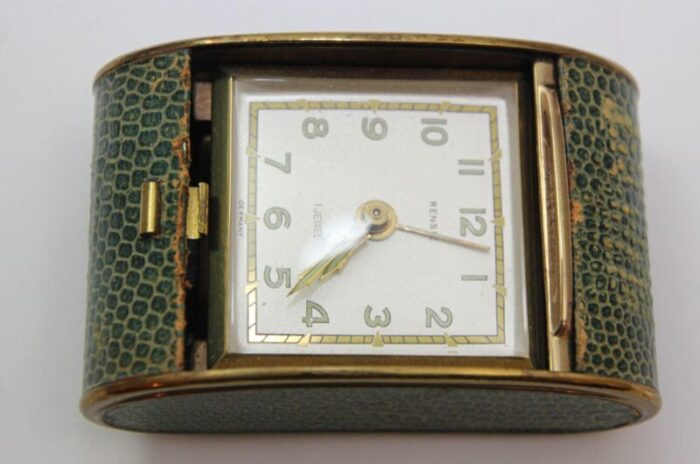 vintage art deco rensie travel alarm clock in brass and green shagreen 1930s 6251