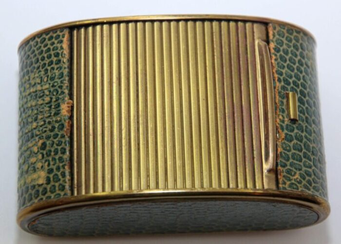 vintage art deco rensie travel alarm clock in brass and green shagreen 1930s 9849