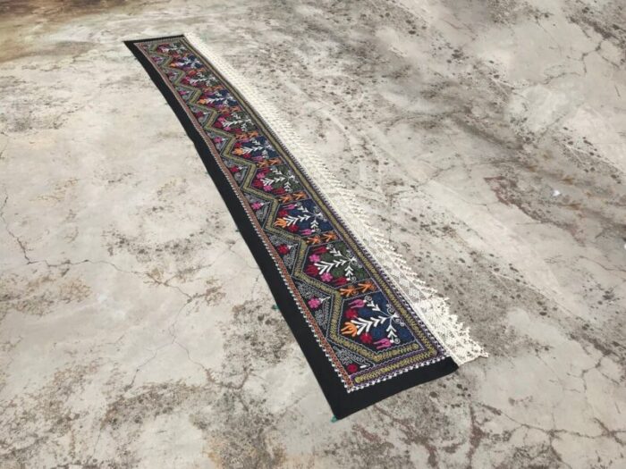 vintage black table runner with special tassel 1980s 1