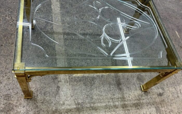 vintage brass and glass etched or engraved coffee table cocktail table 6345