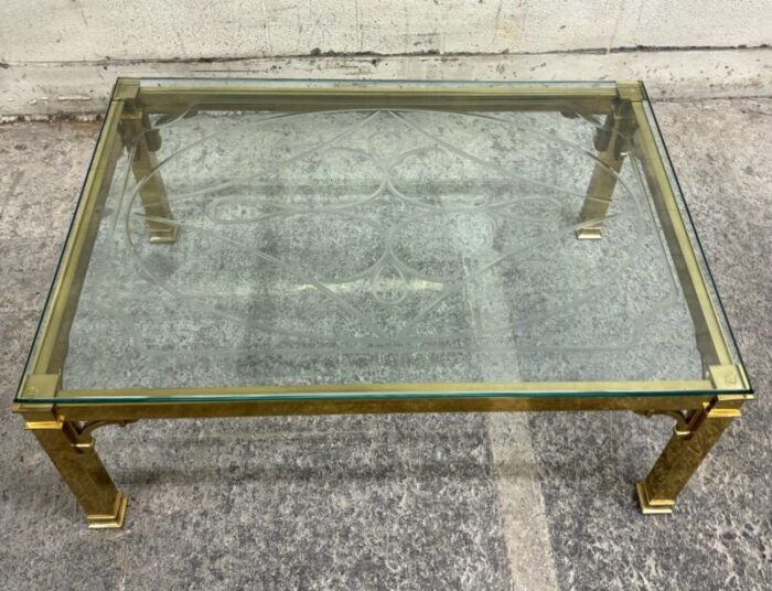 vintage brass and glass etched or engraved coffee table cocktail table 7045