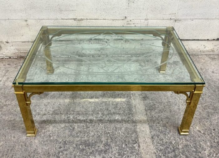 vintage brass and glass etched or engraved coffee table cocktail table 7138