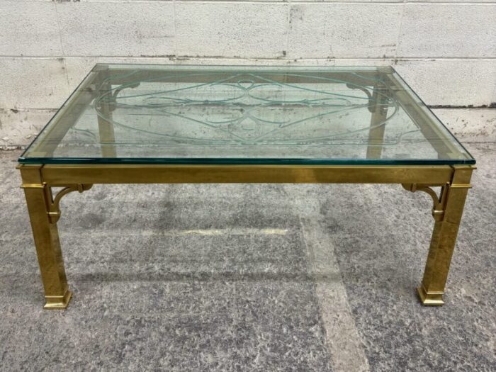 vintage brass and glass etched or engraved coffee table cocktail table 8420