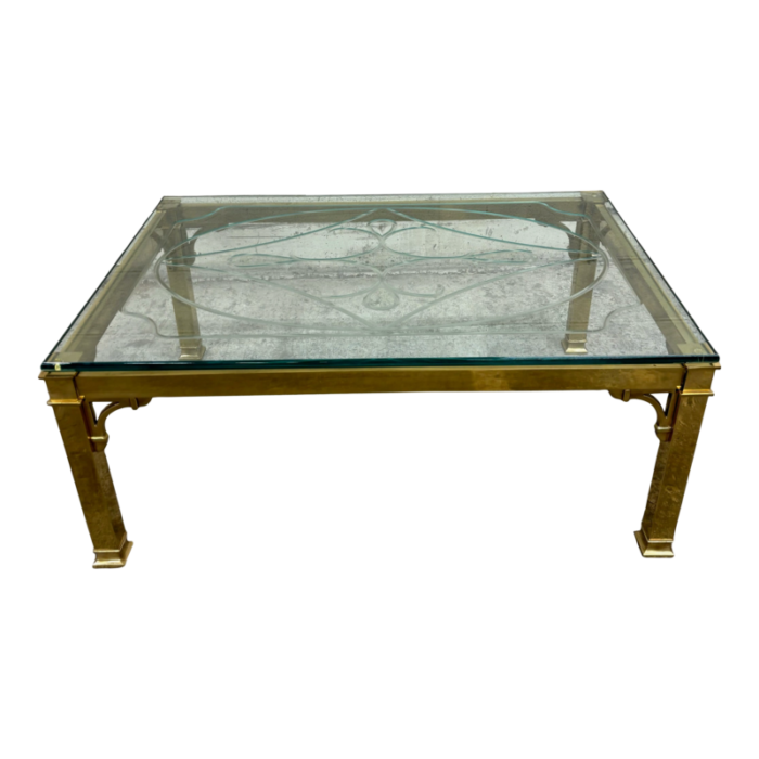 vintage brass and glass etched or engraved coffee table cocktail table 9143