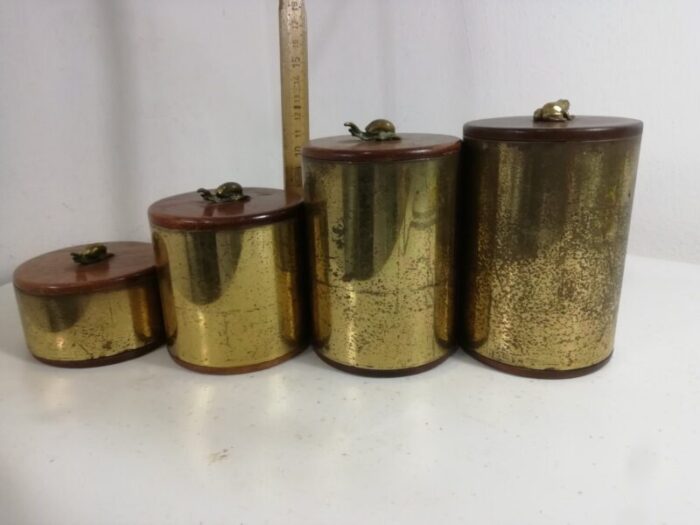 vintage brass and wood jars italy 1950s set of 4 14