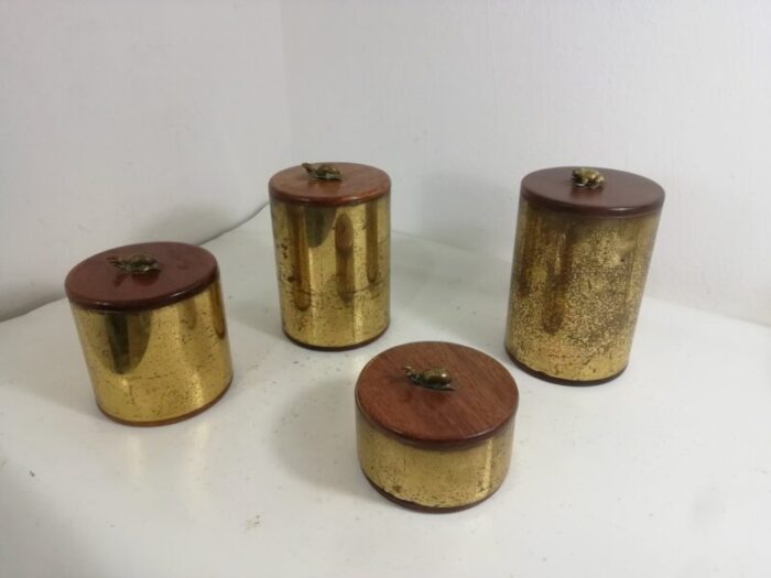 vintage brass and wood jars italy 1950s set of 4 3