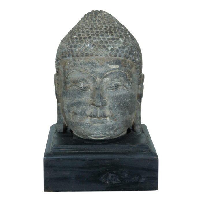 vintage carved stone meditating buddha head statue bust on wood plinth 9588