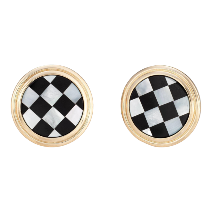 vintage checkerboard earrings larter and sons inlaid onyx mop 14k yellow gold 4420