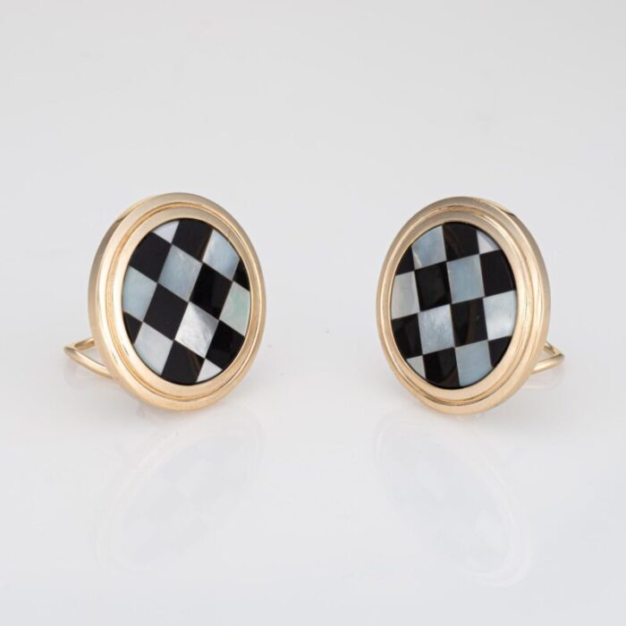 vintage checkerboard earrings larter and sons inlaid onyx mop 14k yellow gold 9147