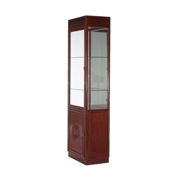 vintage chinese mahogany display case with lower blind door cabinet c1960 2094