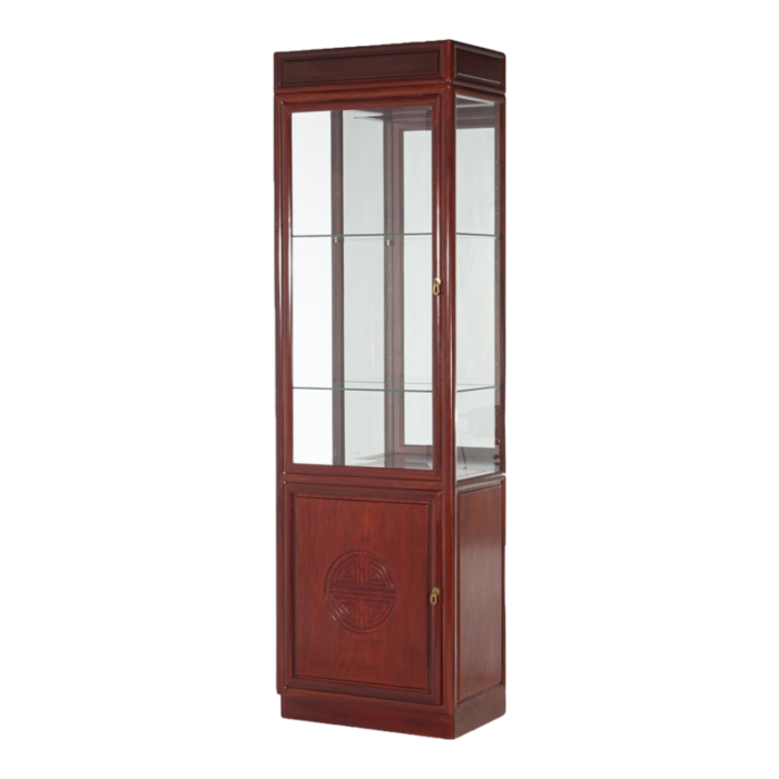 vintage chinese mahogany display case with lower blind door cabinet c1960 2978