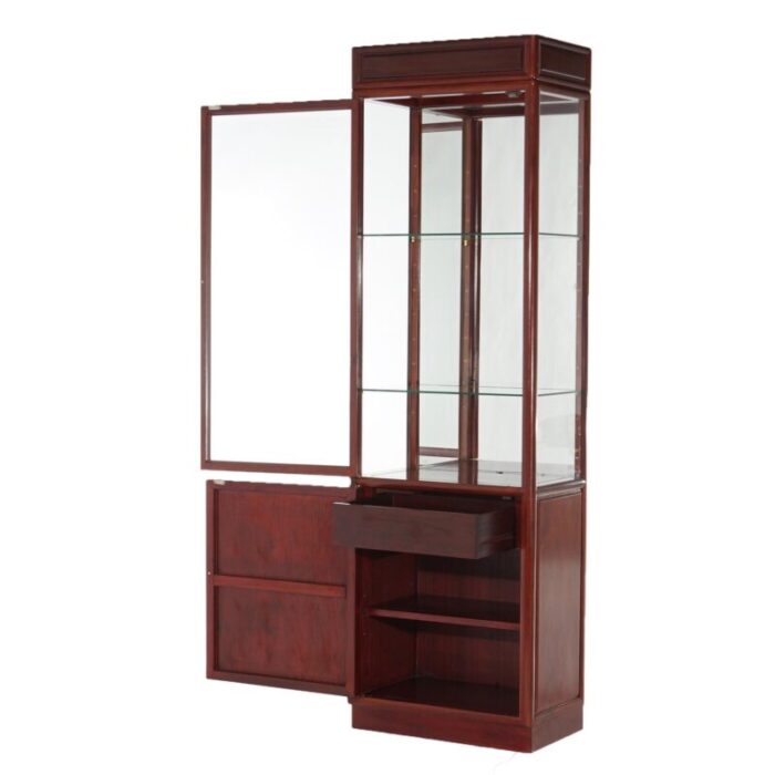 vintage chinese mahogany display case with lower blind door cabinet c1960 6968