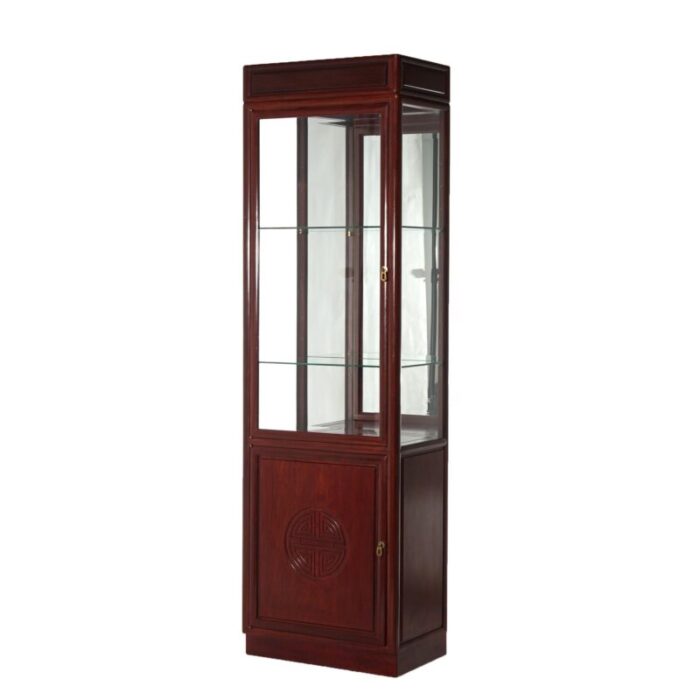 vintage chinese mahogany display case with lower blind door cabinet c1960 7362