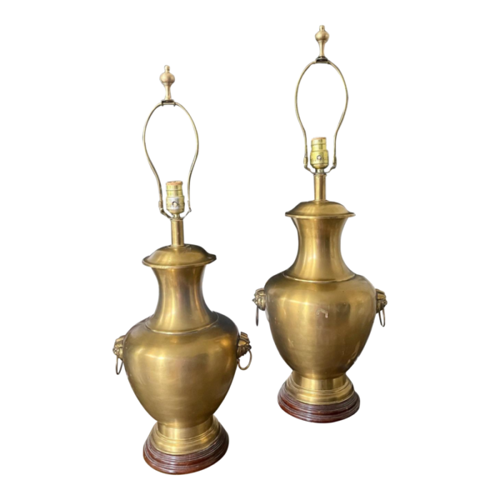 vintage chinoiserie brass foo dog asian urn lamps a pair 6761