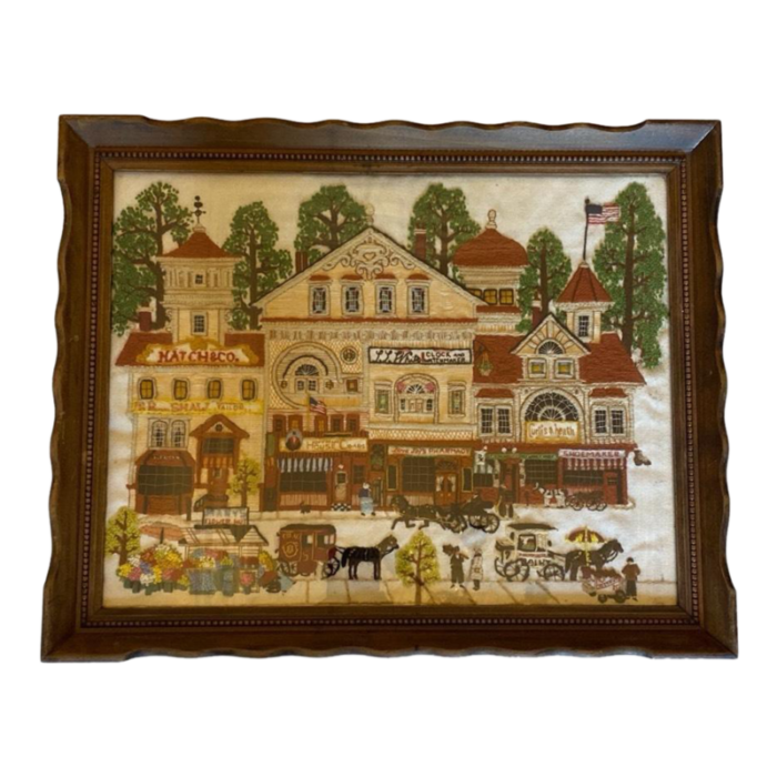 vintage crewel embroidery victorian street satin design charles wysocki finished embroidered piece 1486