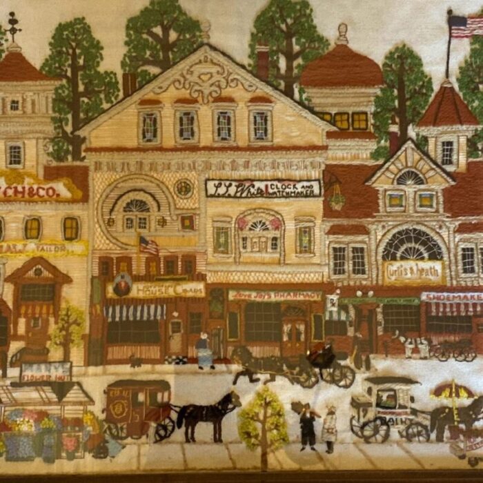 vintage crewel embroidery victorian street satin design charles wysocki finished embroidered piece 8650