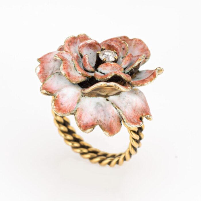 vintage enamel flower ring mine diamond 14k yellow gold sz 475 estate jewelry 4652