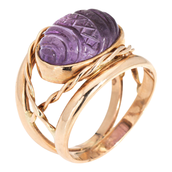 vintage finnish carved amethyst ring 14k yellow gold 5 estate finland jewelry 0503