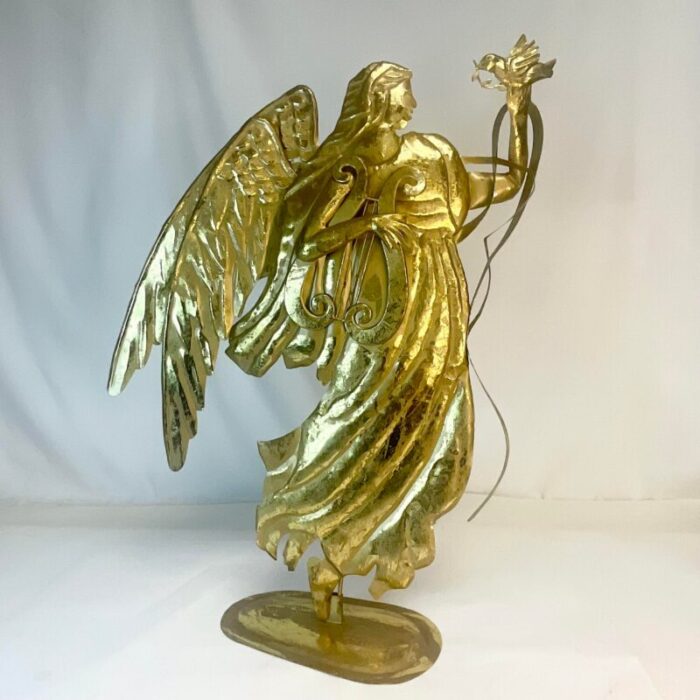 vintage flat metal brutalist christmas angel with harp and dove 1961