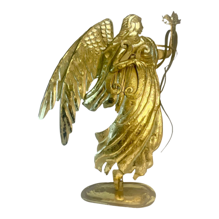 vintage flat metal brutalist christmas angel with harp and dove 2532