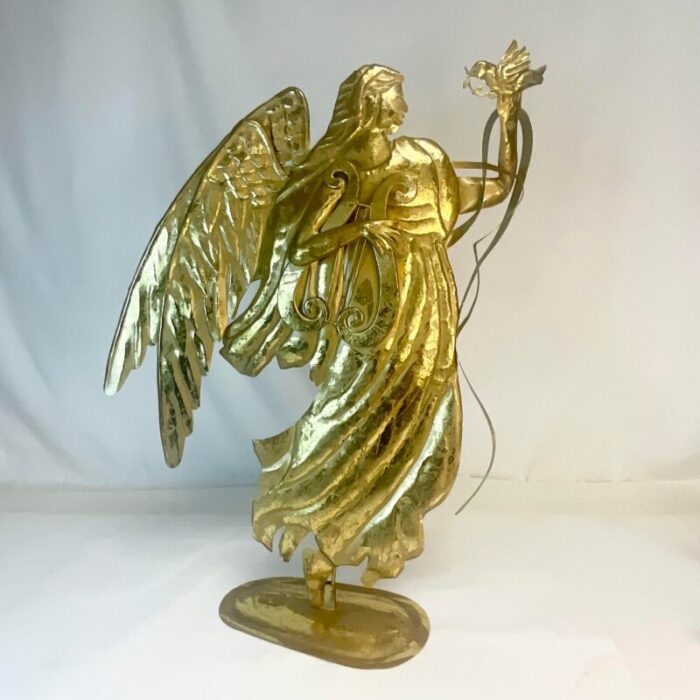 vintage flat metal brutalist christmas angel with harp and dove 5640