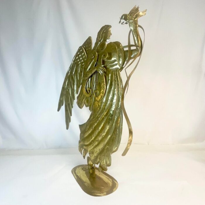 vintage flat metal brutalist christmas angel with harp and dove 6089