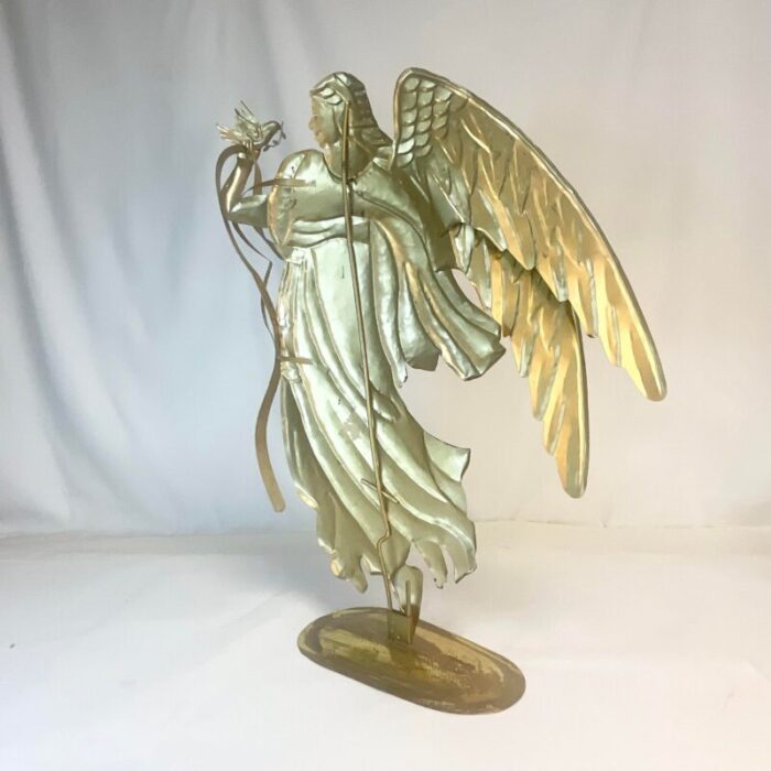 vintage flat metal brutalist christmas angel with harp and dove 6491