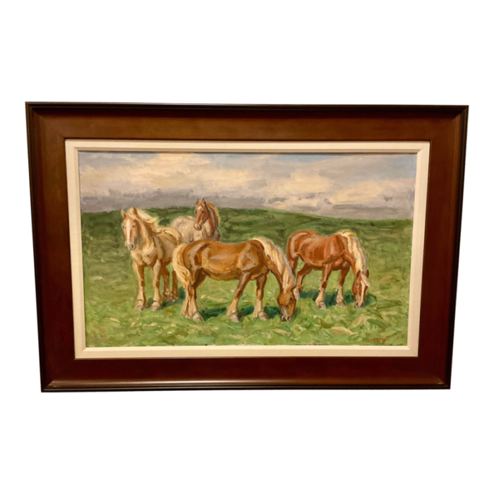 vintage four horses pastoral oil painting on board by aage roose 3576