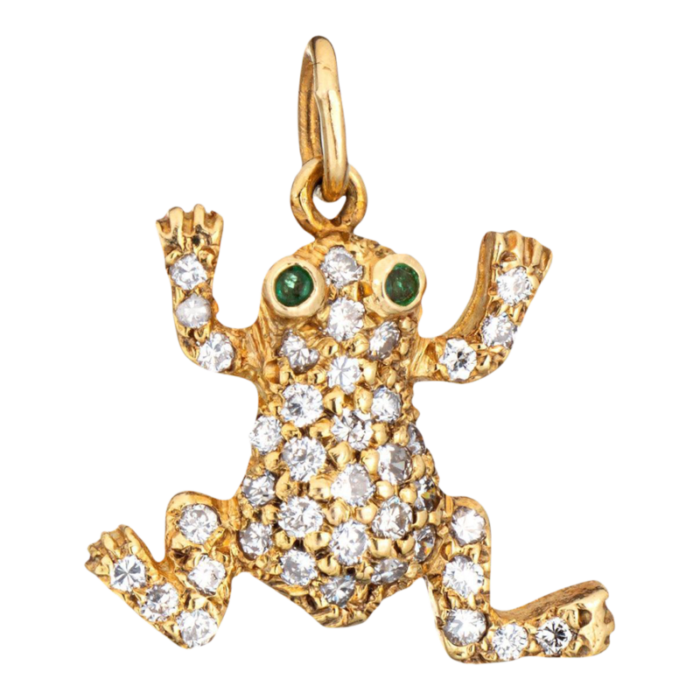 vintage frog charm diamond 18k yellow gold pendant emerald eyes fine jewelry 2161