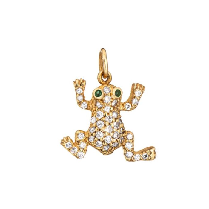 vintage frog charm diamond 18k yellow gold pendant emerald eyes fine jewelry 7381