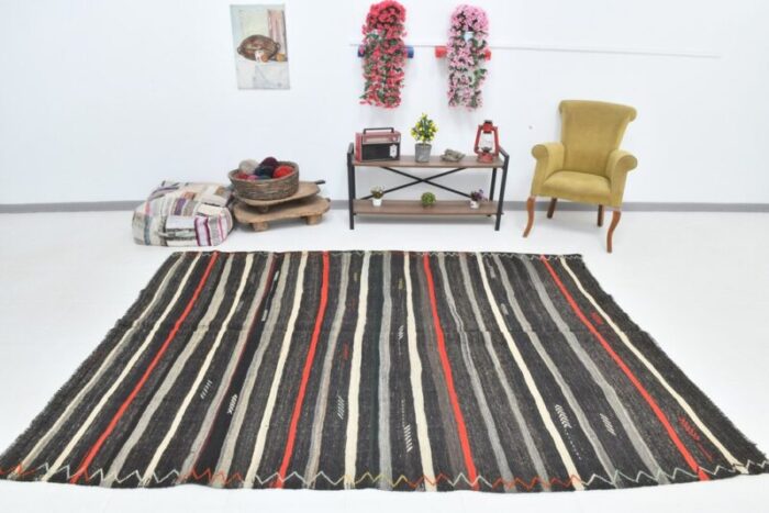 vintage gray orange handmade flatweave kilim rug 2