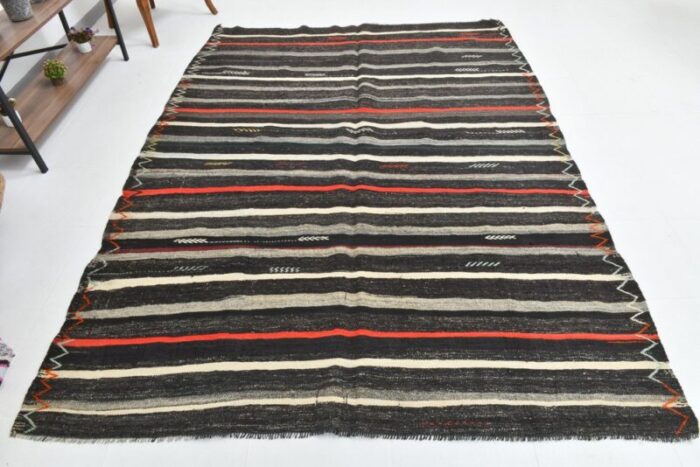 vintage gray orange handmade flatweave kilim rug 3