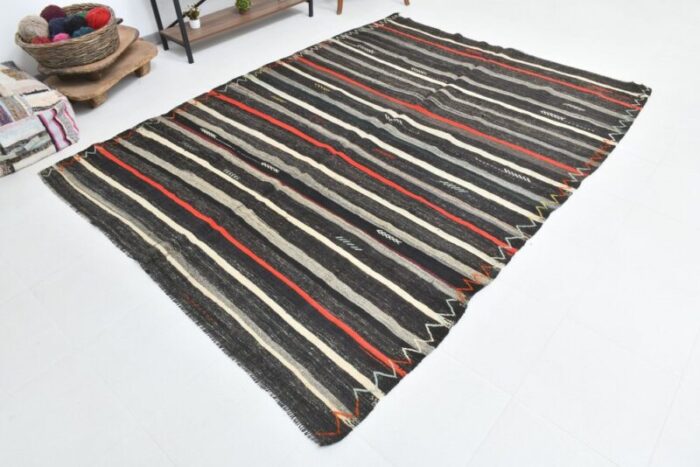 vintage gray orange handmade flatweave kilim rug 4