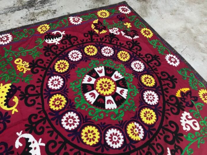 vintage handmade suzani fabric with double floral center 1960s 6