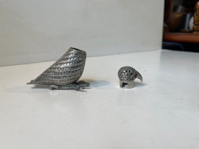 vintage indian bird sugar shaker in silver in the style of kashmiri 3