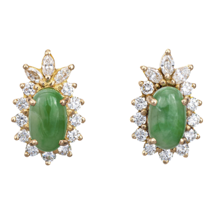 vintage jade diamond earrings studs 14k yellow gold estate jewelry mixed cuts 6105