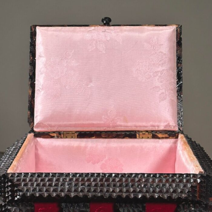 vintage lidded tramp art box with red velvet inserts and pink satin interior by john graham 7050