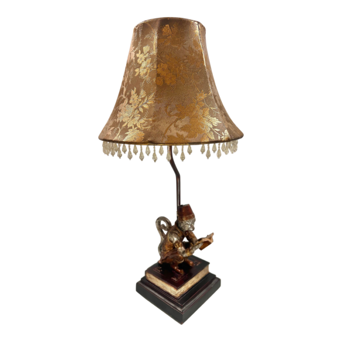 vintage maitland smith style gilded bell hop monkey reading on stack of books table lamp with gold damask beaded shade 3699