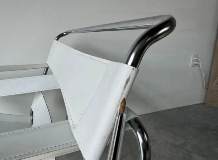 vintage marcel breuer wassily style chrome white leather sling lounge chair 0147